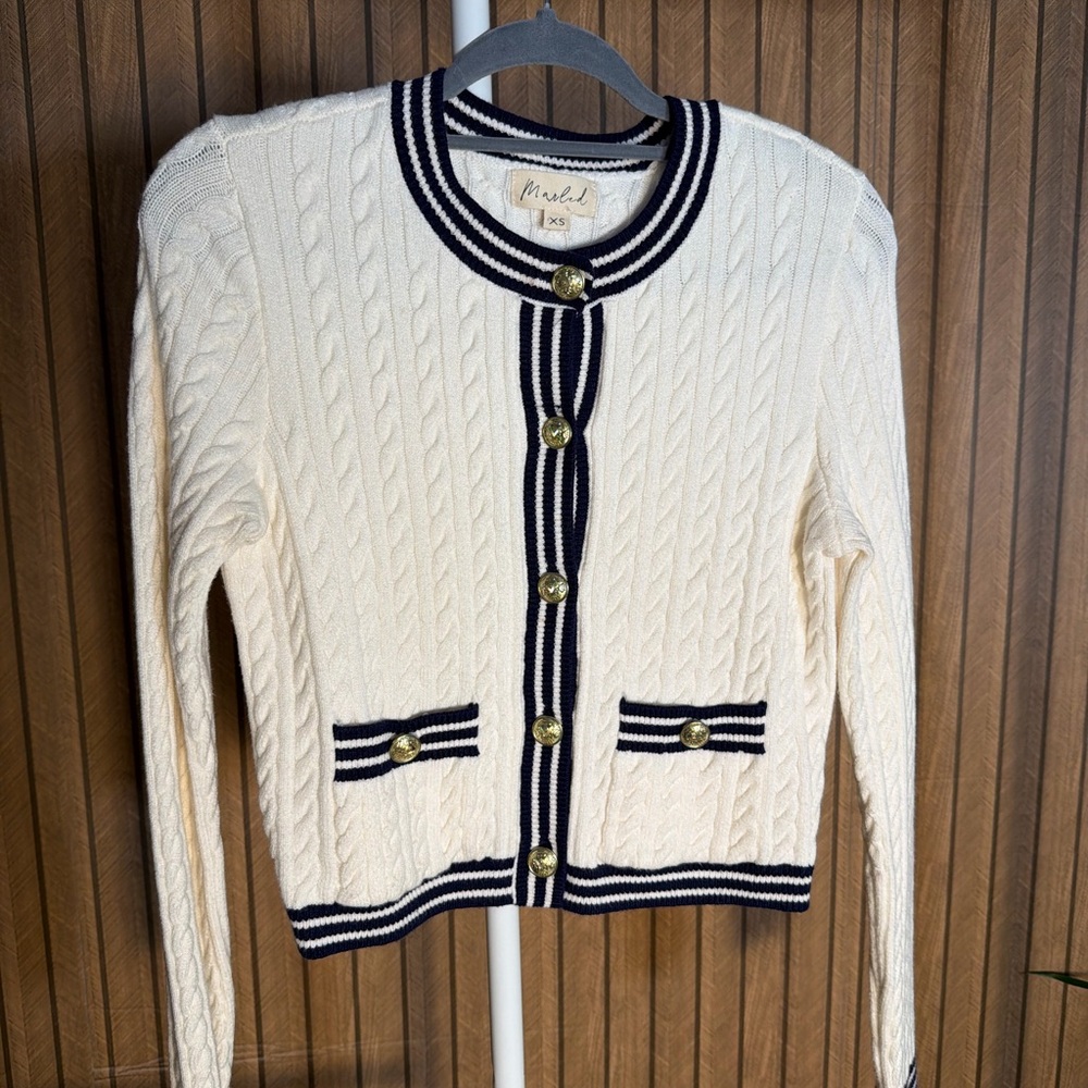 Madewell Cream and Black Cable Knit Cardigan